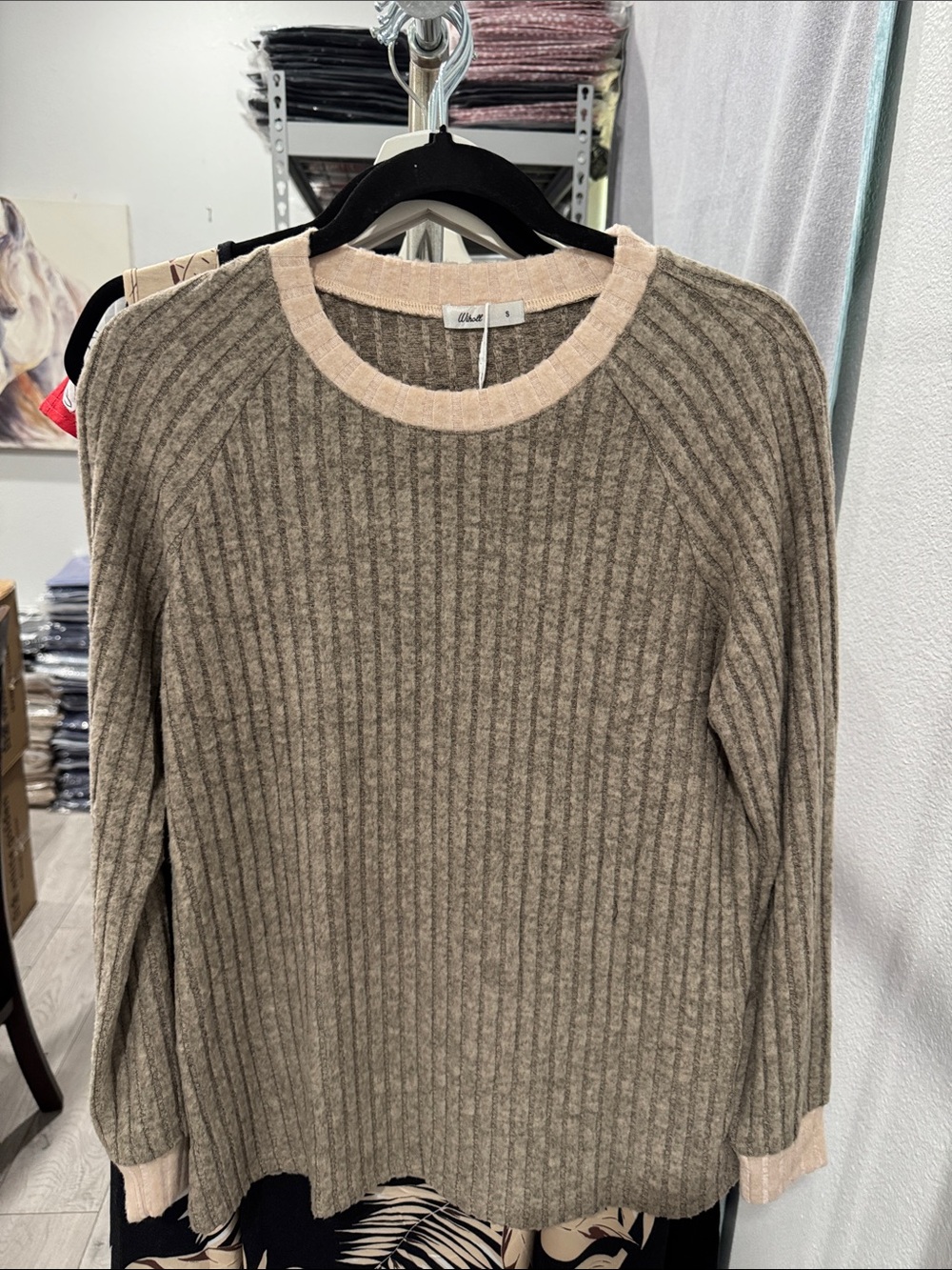 Chilluxe Ribbed Crewneck Sweater - Taupe with Cream Trim